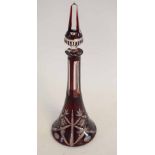 Bohemian glass decanter with red and clear cut glass design, with matching stopper (a/f), together