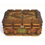 19th century tramp art sewing box with stepped chipped carved panels of folk art decoration, 34cms