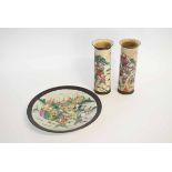Pair of 20th century crackle glaze cylinder vases with painted scenes of Oriental warriors (one a/