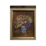 James Allen oil on board, Blue vase of flowers, signed lower left, 19cms x 24cms tall