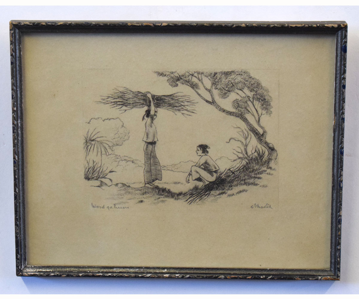 E McColl, signed in pencil to margin, two black and white etchings, "Wood Gatherers" and "Shwegiu