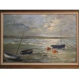 Philippa Leigh, signed oil on board, Coastal scene with boats, 39 x 59cms