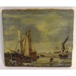 Unsigned oil, Coastal scene with shipping and fisherfolk, 26 x 31cms, unframed