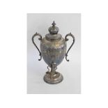 19th century etched pewter urn formed samovar with inscription to oval panel to reverse and front,