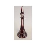 Bohemian glass decanter with red and clear cut glass design, with matching stopper (a/f), together