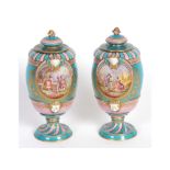 Pair of mid/late 19th century Sevres porcelain lidded vases of baluster form to circular bases,