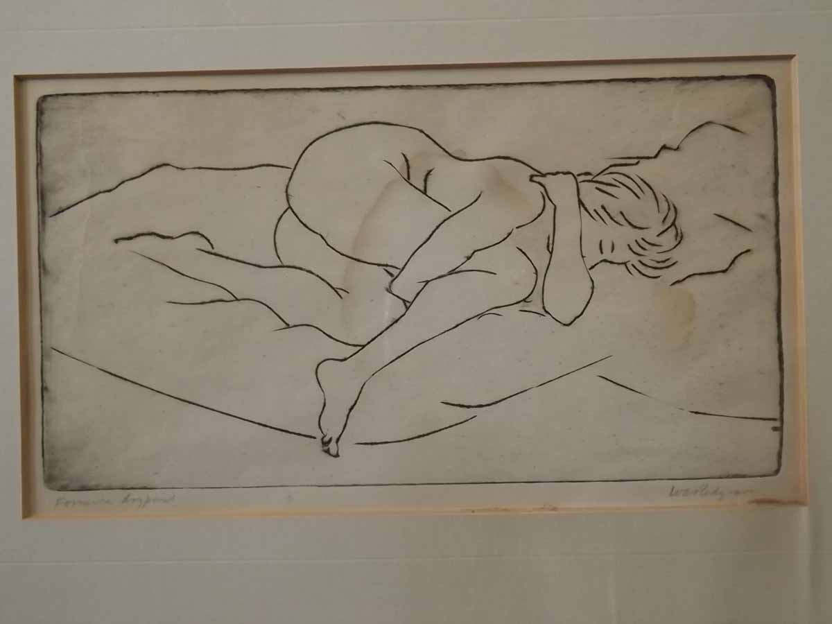 W A Redgrave, signed dry point etching, Reclining female nude, 12 x 23cms