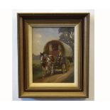 Geoffrey Mortimer, signed oil on board, Gipsy wagon, 25 x 19cms