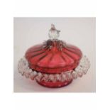 Cranberry glass lidded pot and cover with clear crimped frilled edge, 16cms diam