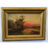 Unsigned oil on canvas, River scene at sunset, 26 x 38cms