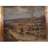 H Edward Collins, oil on board, Bridged river landscape scene, signed lower left, 75cms x 60cms