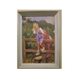 ARKevin B Thompson (born 1950) Children by a stile, oil on board, signed lower left, 34 x 24cms