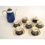 Spode Regent blue and gilded part coffee set, comprising seven coffee cans and seven saucers