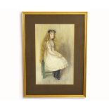P Leslie, signed and dated 17, watercolour, portrait of a young girl seated on a green chair, 35 x