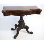 19th century mahogany serpentine fronted fold-over card table with circular fitted baize, carved