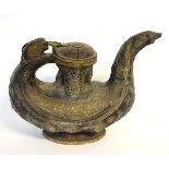 Vintage wooden and brass mounted Islamic coffee pot with hinged dragon head supports, with brass