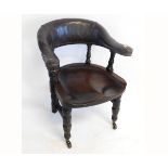 19th century mahogany bow back office chair supported on front ring turned legs with shaped hard