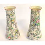 Pair of Corona ware Rosetta tapering cylindrical vases, with a printed floral design, 23cms tall