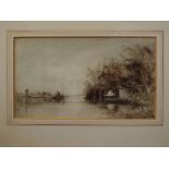 Attributed to William Philip Barnes Freeman, sepia watercolour, River scene with boathouse, 17 x