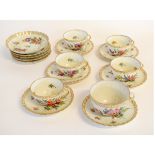 20th century Dresden part tea set with gilded rims and painted floral detail, comprising six tea
