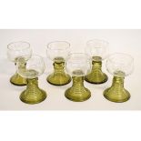 Set of six German clear Hock glasses with etched bowls, with a green circular ribbed stem (6)