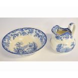 19th century Minton blue and white printed wash jug and bowl with a floral border, with printed