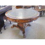 Good quality rosewood effect circular drum table, fitted with four drawers with turned knob