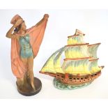 1920s/30s Czechoslovakian posy vase in the form of a ship, together with a further Art Deco figurine