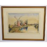 W Nicholson, signed watercolour, Broadland windmill scene, 33 x 50cms