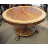 Mahogany and maple wood banded circular topped breakfast table with turned column and base, raised