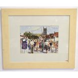 Kevin B Thompson, signed watercolour, Busy market scene with figures, 23 x 31cms