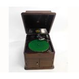 Mahogany cased Hines table top gramophone with two cupboard doors, with built in speaker and