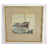 G Lanawlay, signed watercolour, Moored boats with figures, 23 x 26cms
