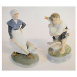 Two Royal Copenhagen models of boy and girl with geese, both approx 18cms high