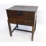 Late 17th/early 18th century Bible box with carved front on associated stand, retaining its original