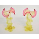 Pair of Victorian Vaseline glass vases, with a cranberry and opaque rim and a yellow glass body,