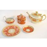 19th century English part orange and gilt tea wares, to include a covered sucrier, a cup, saucer,