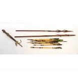 Group of Mahout hook sticks and ten assorted arrows and two Fijian spears (13)