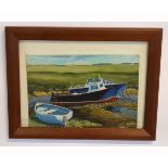 Leckie, signed and dated 1985, oil on board, Moored fishing boats in estuary, 18 x 25cms