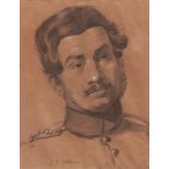 John Joseph Cotman (1814-1878) black chalk drawing, signed lower left, Portrait of a Soldier, 33 x