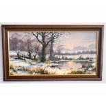 Kevin Curtis, signed and dated 01, acrylic on board, "Winter sunrise", 30 x 60cms