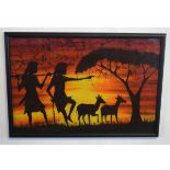 Bayuse, signed pair of mixed media, Silhouette studies of Kenyan hunters, circa 1980, 49 x 73cms (2)