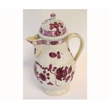 19th century Creamware hot water jug with red decorated floral detail, with lid and finial and