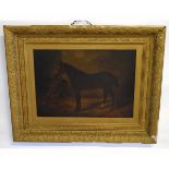 19th century English School, oil on board, Study of a horse in a stable, 36 x 50cms