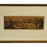 INDISTINCTLY SIGNED IN PENCIL TO MARGIN, black and white etching, Farmstead, 10 x 30cm