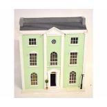 Modern pale green painted dolls house (constructed from kit), 75cms high together with a box full of