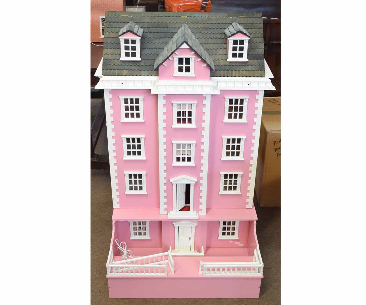 Large modern pink painted dolls house (constructed from kit), 116cms high together with a large