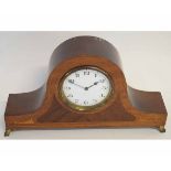 Mid-20th century mahogany and boxwood line inlaid mantel timepiece, the arched case raised on