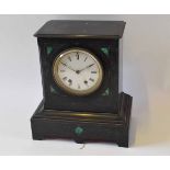 Late 19th century black marble and malachite detailed mantel clock, the plinth shaped case with gilt