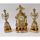 Late 19th century gilt spelter and porcelain mounted three-piece clock garniture, the shaped case